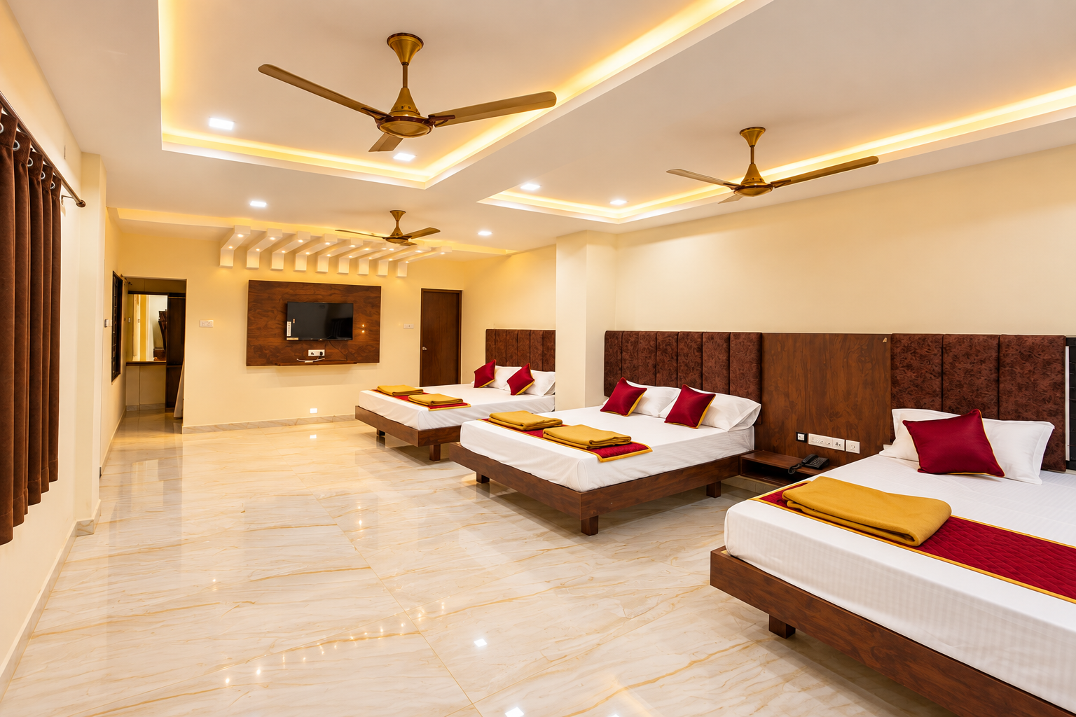 Warm maroon hotel room interior