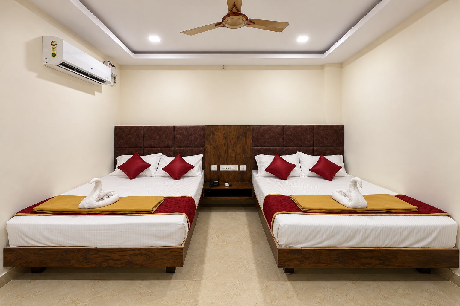 Symmetrical twin-bed hotel room